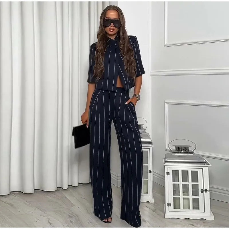 Elegant Striped Two Piece Coat and Pants Set for Women