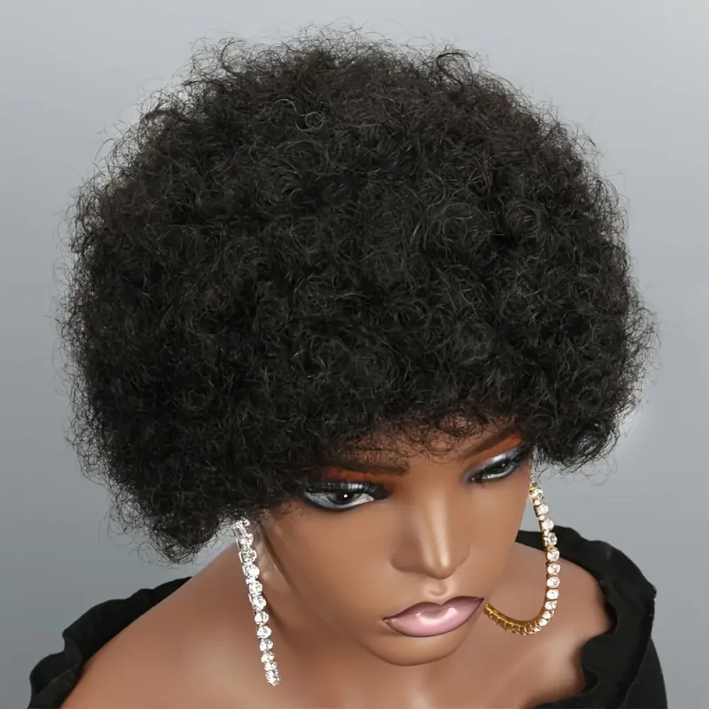 Short Afro Kinky Wave Pixie Human Hair Wig Natural Black for Women