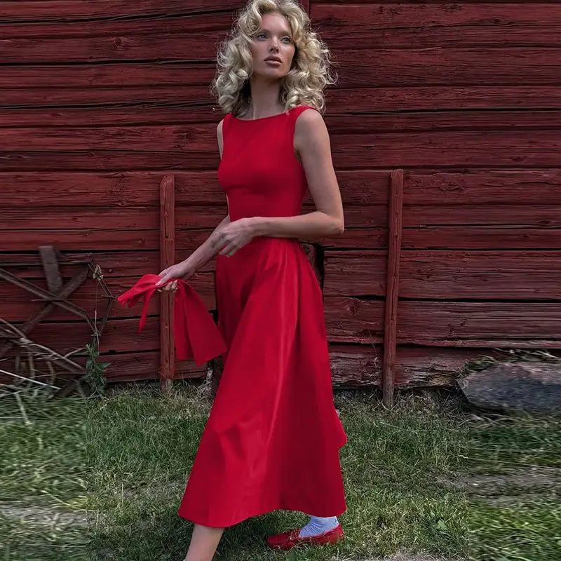 Solid Color Sleeveless Backless Dress with Waist Tie for Women