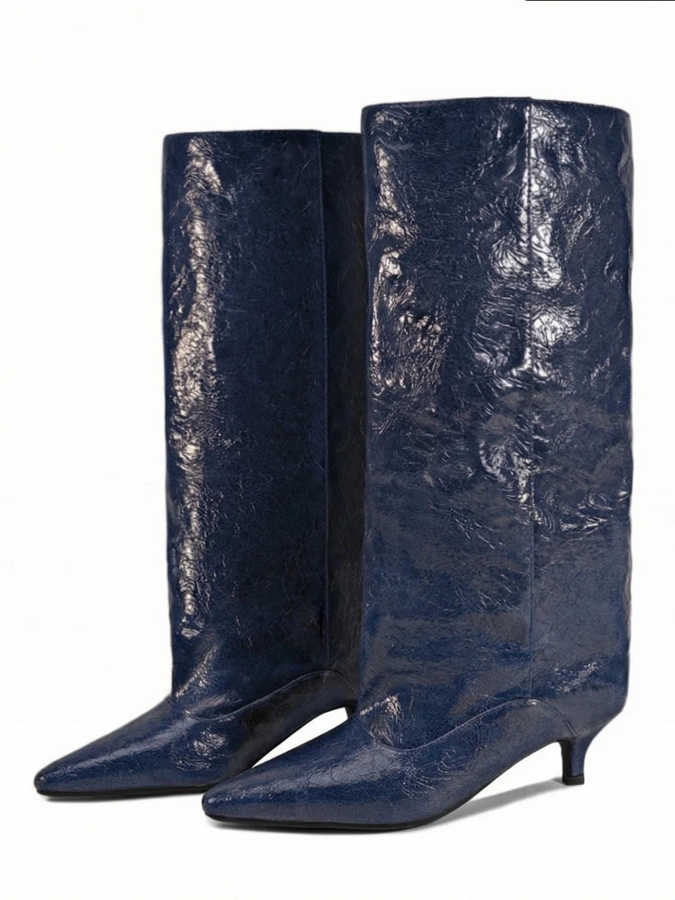 Crocodile Print Wide Shaft Kitten Heel Knee High Boots for Women