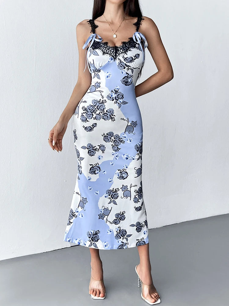 Summer New Women's Dresses Streetwear Fashion Print Lace-up Maxi Dress Female Sexy Female Backless Sleeveless Dresses Clothing