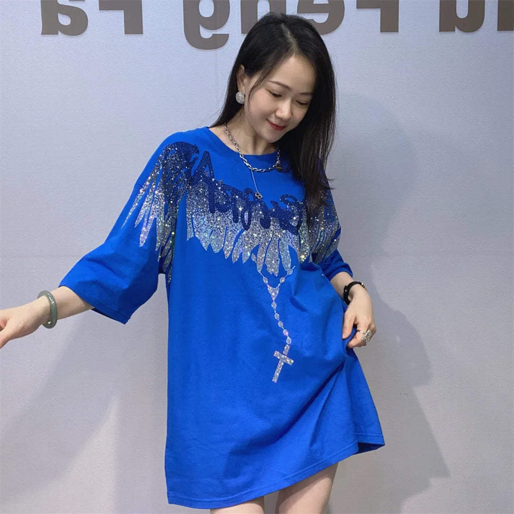 Streetwear New Spring Summer Women Short Sleeve T-shirt Hot Diamonds Wings Mid-long Oversize Pullover Trendy Couple Cotton Tees