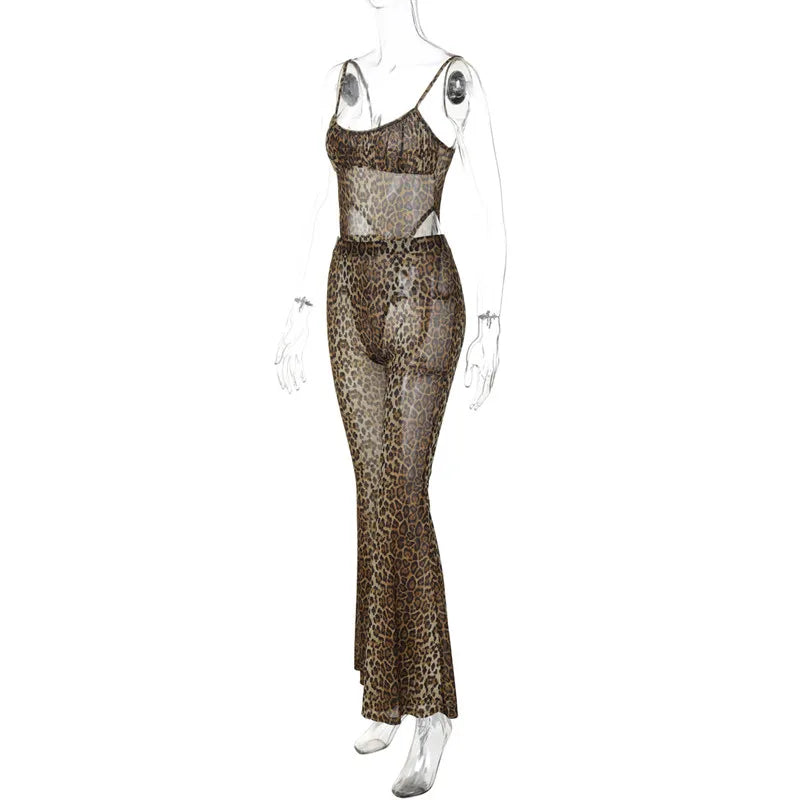 Leopard Mesh Bodysuit And Flare Pants Set for Women