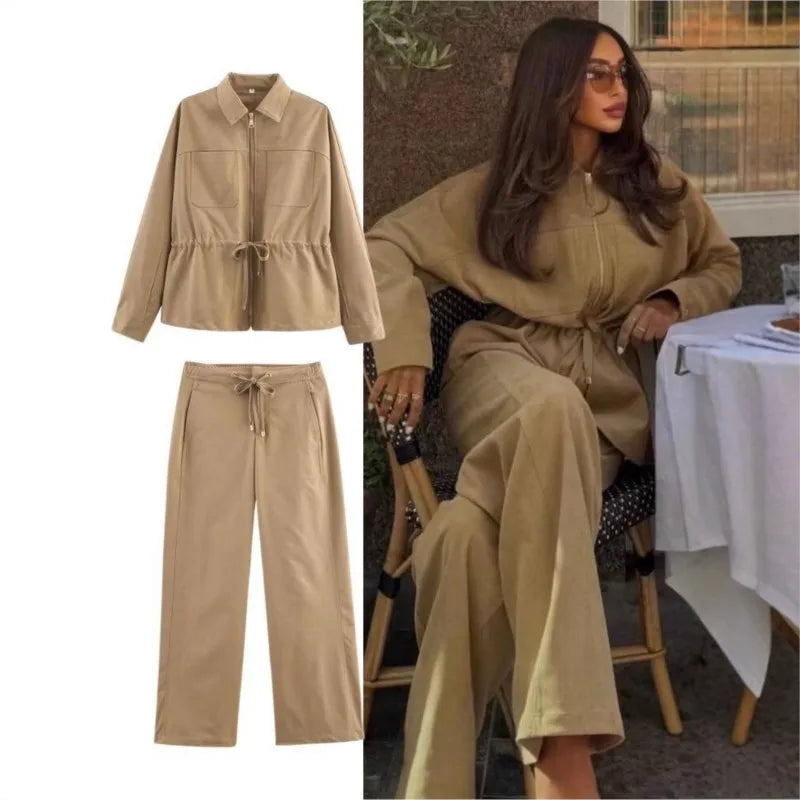 Casual Lapel Jacket And Drawstring Pants Set for Women