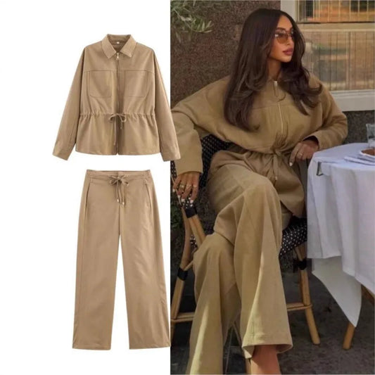 Casual Lapel Jacket And Drawstring Pants Set for Women