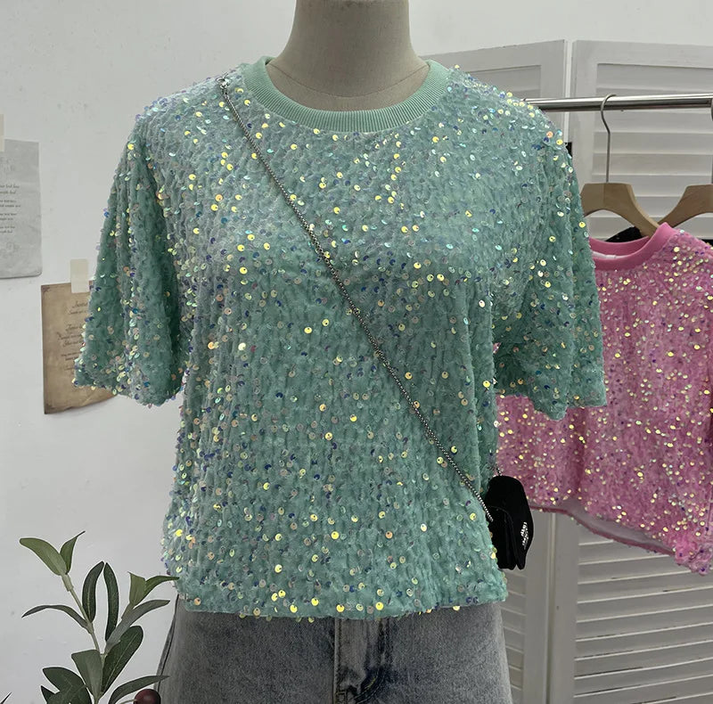 Spicy Girl Pink Sequins Short Sleeve T-shirt Round Neck Slimming Crop Top Blingbling Sexy Nightclub Multi Color Casual Tees