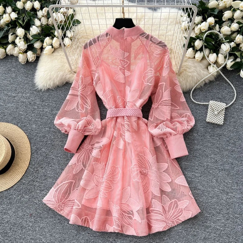 Elegant Embroidered Lantern Sleeve Midi Dress for Women