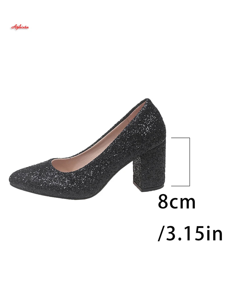 Bling Pointed Toe Square Heel Pumps