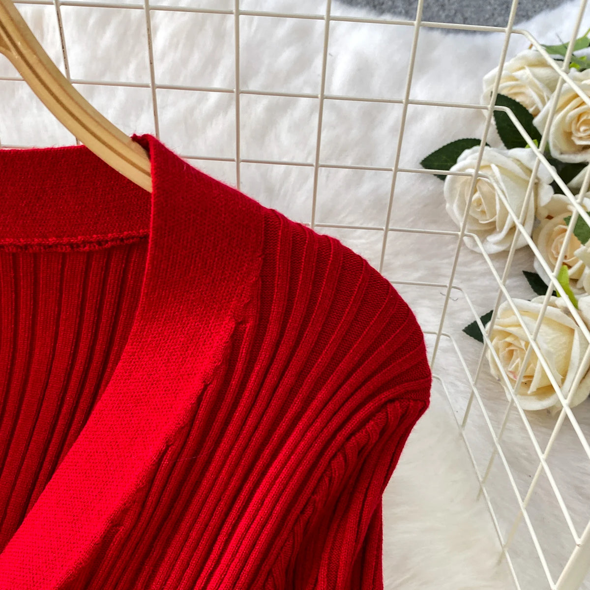 V Neck Knit A Line Long Sleeve Mini Dress for Women