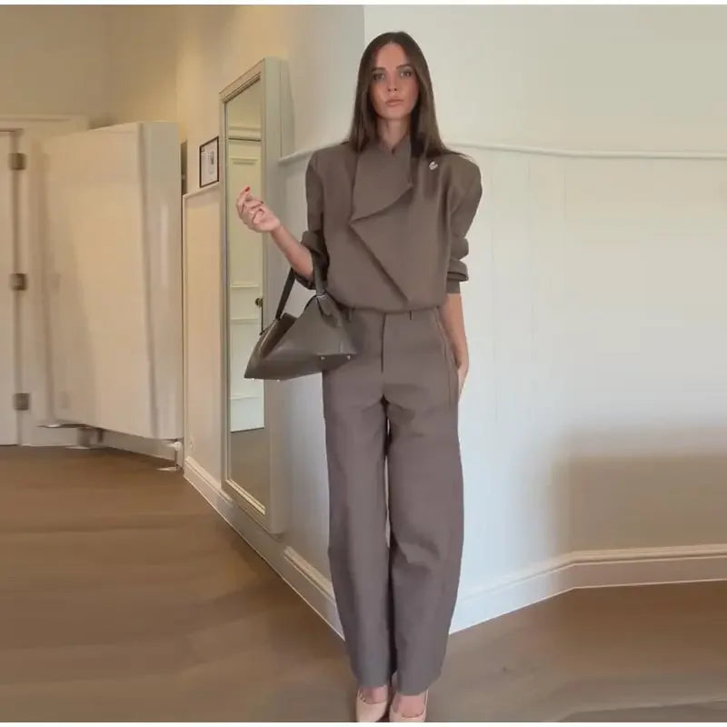 Solid Draped Funnel Neck Long Sleeve Wide Leg Two Piece Set For Women