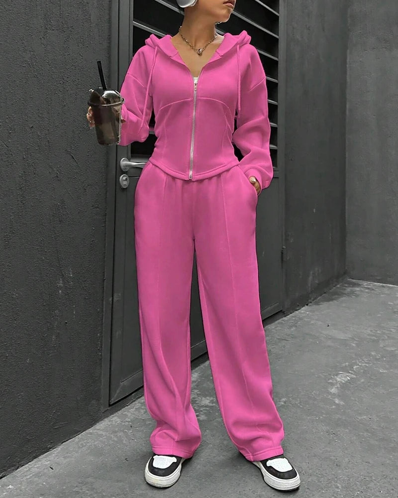 2 Pieces Pants Set Long Sleeve Zip Fly Slim Fit Hooded Top and Casual Wide Leg Pants Set