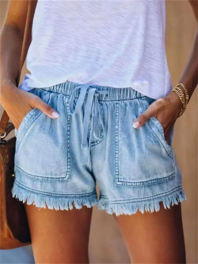 Drawstring Elastic Waist Denim Shorts With Frayed Hem and Pockets for Women
