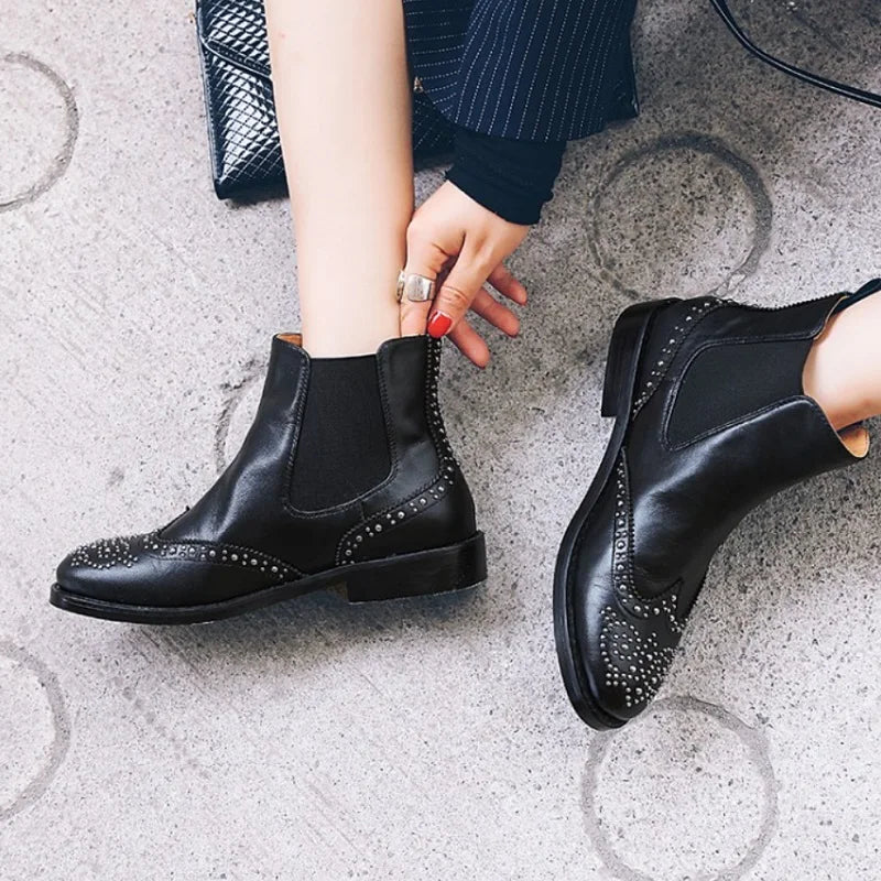 Rivet Patent Leather Slip On Ankle Boots for Women