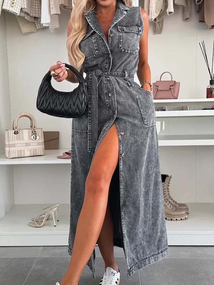 Single-Breasted Lace-Up Cardigan Dress, Women Summer Denim Style Sleeveless Maxi Dress, 2025 Solid Turn-Down Collar Ladies Dress
