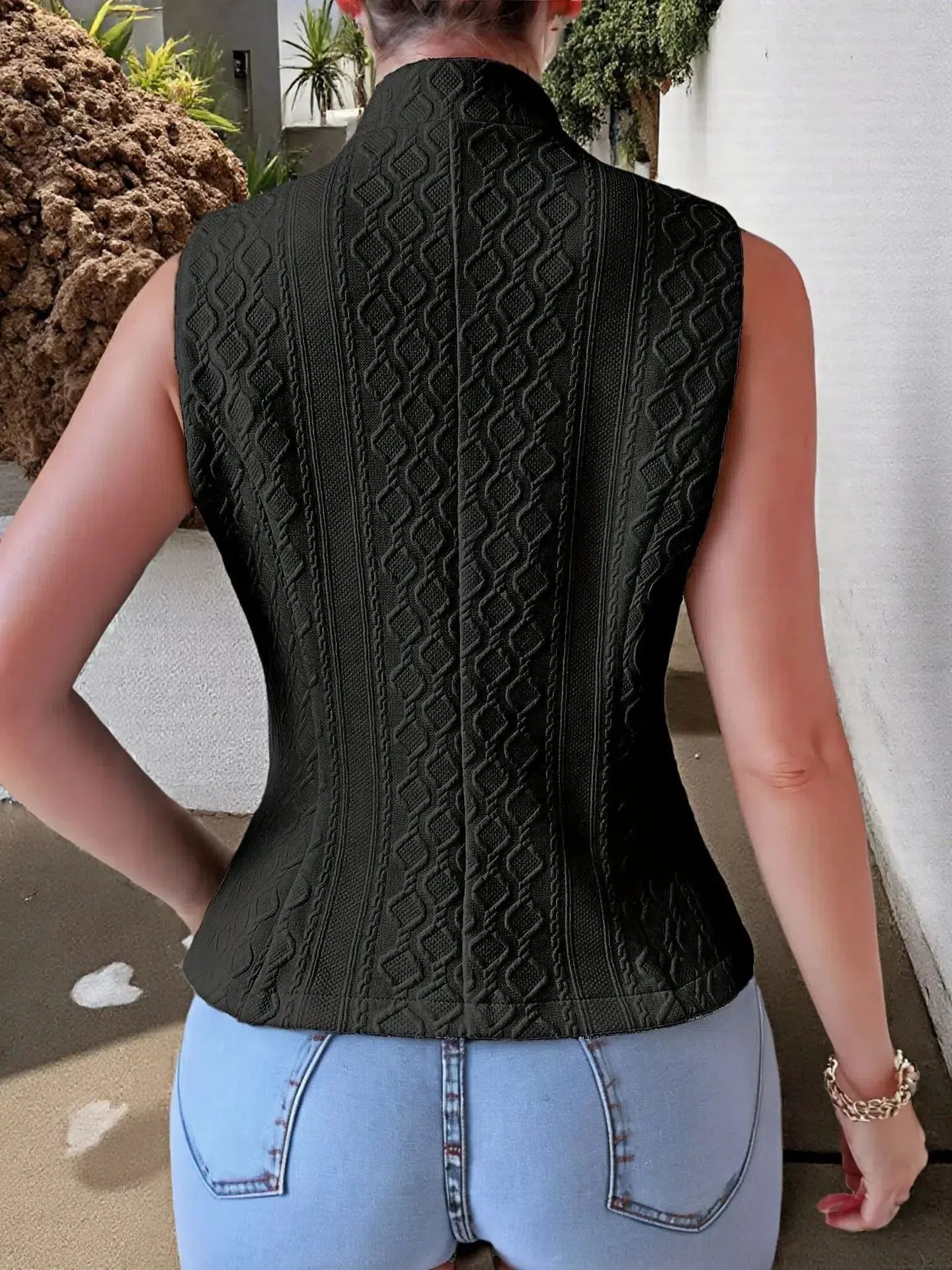 Solid Color Slim Fit Sleeveless Vest With Stand Up Collar for Women