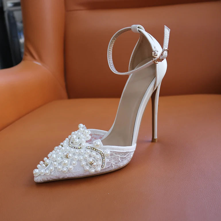 White Pearl Lace Pointed Toe Plus Size High Heel Wedding Shoes For Women