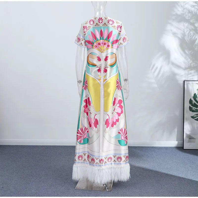 Elegant Floral Print Feather Hem Maxi Dress For Women