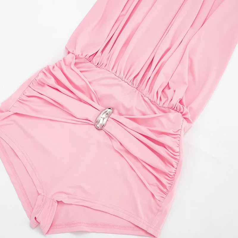 Metal Buckle Halter Backless Ruched Sleeveless Peach Rompers for Women
