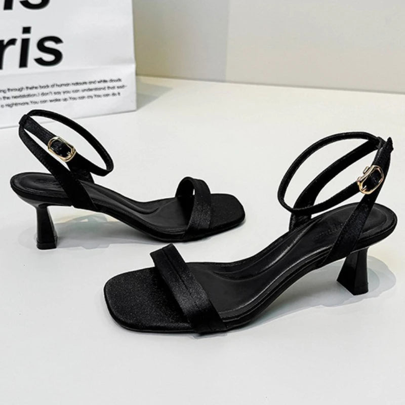 Silver Square Toe Ankle Strap Heeled Sandals for Women