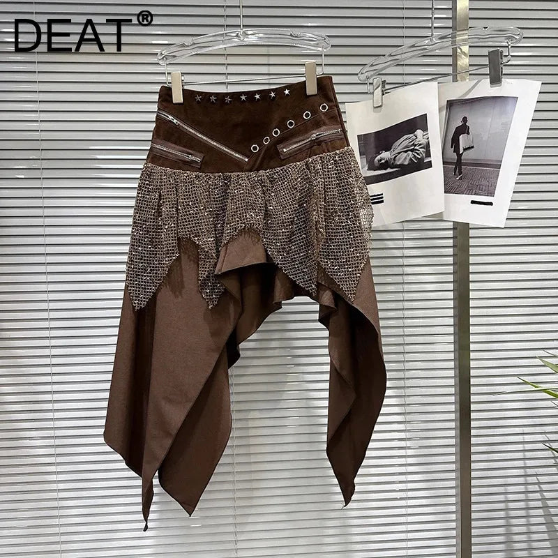 Irregular A Line Patchwork And Zipper Midi Skirt For Women