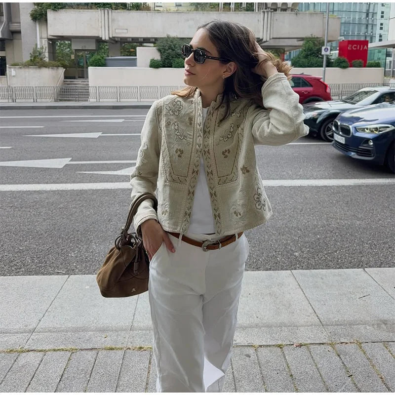 Urban Print Coat Stand Collar Long Sleeve for Women