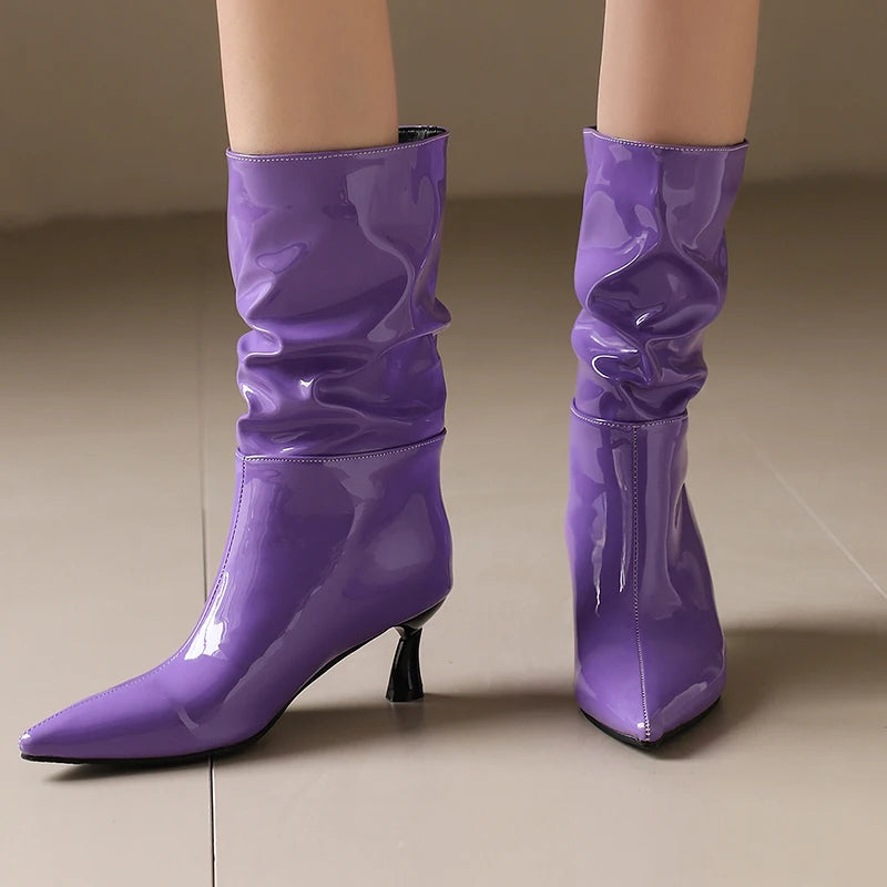 Patent Leather Pointed Toe Mid Calf Slouch Boots for Women