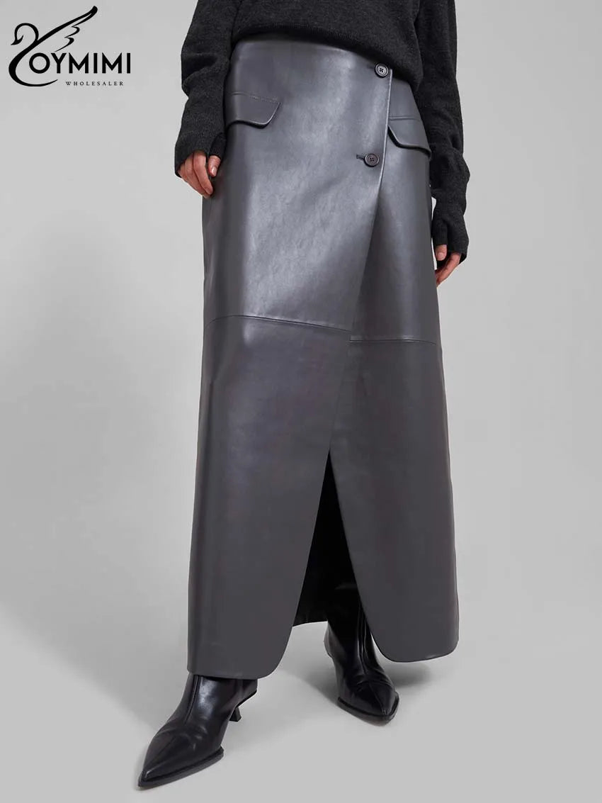Oymimi Casual Black Pu Leather Skirts For Woman Elegant Button High Waisted Skirts Fashion Pockets Straight Skirt Streetwear