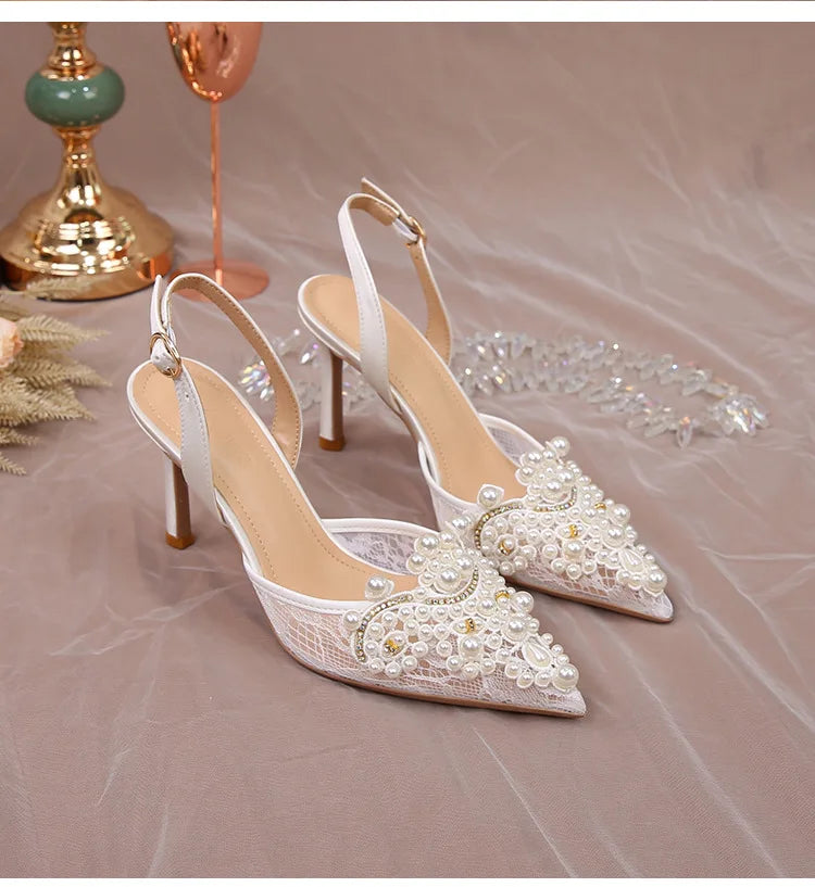 Lace Pearl Beaded Pointed Toe Stiletto Heels for Women
