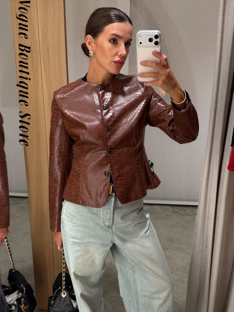 Slim Fit Single Breasted Faux Leather Jacket for Women