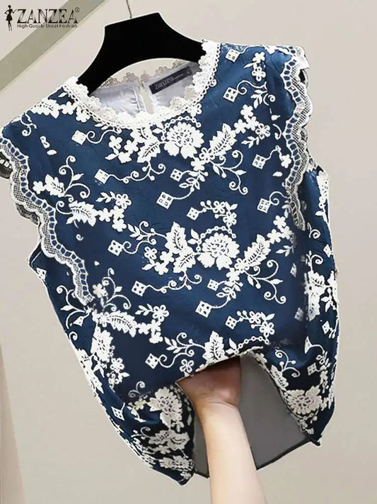 ZANZEA Women Floral Print Tanks Vintage Summer Sleeveless Vests 2024 Retro Lace Stitching Tunic Casual Loose Colorblock Tank Top