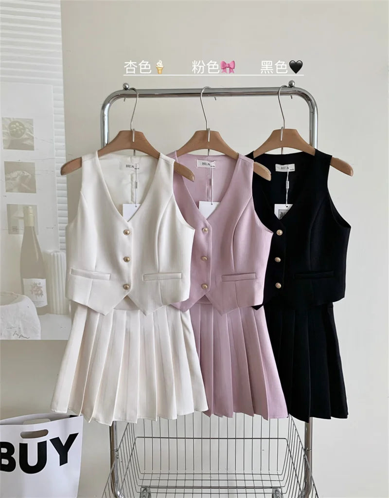 Elegant High Waist Pleated Skirt And Vest Set For Women