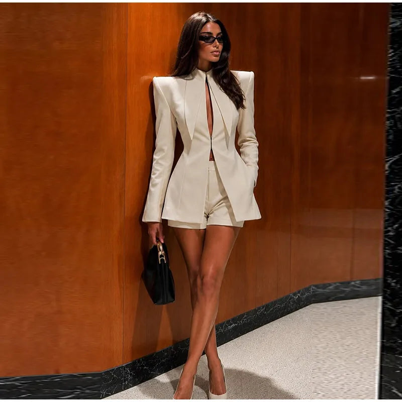 Solid Color Slim Fit High Waist Two Piece Shorts Set for Women