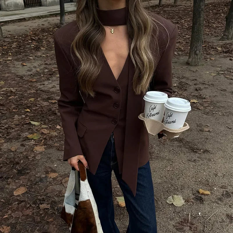 Elegant Slim V-Neck Scarf Trim Blazer Coat for Women
