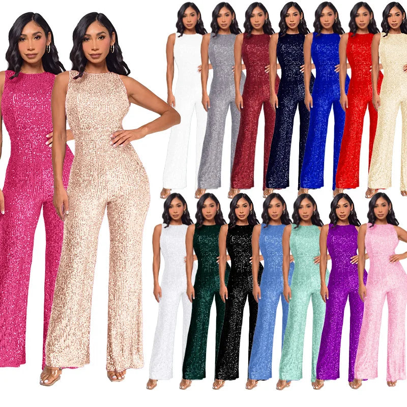 Elegant Silver Sequined Straight Cut Jumpsuit for Women