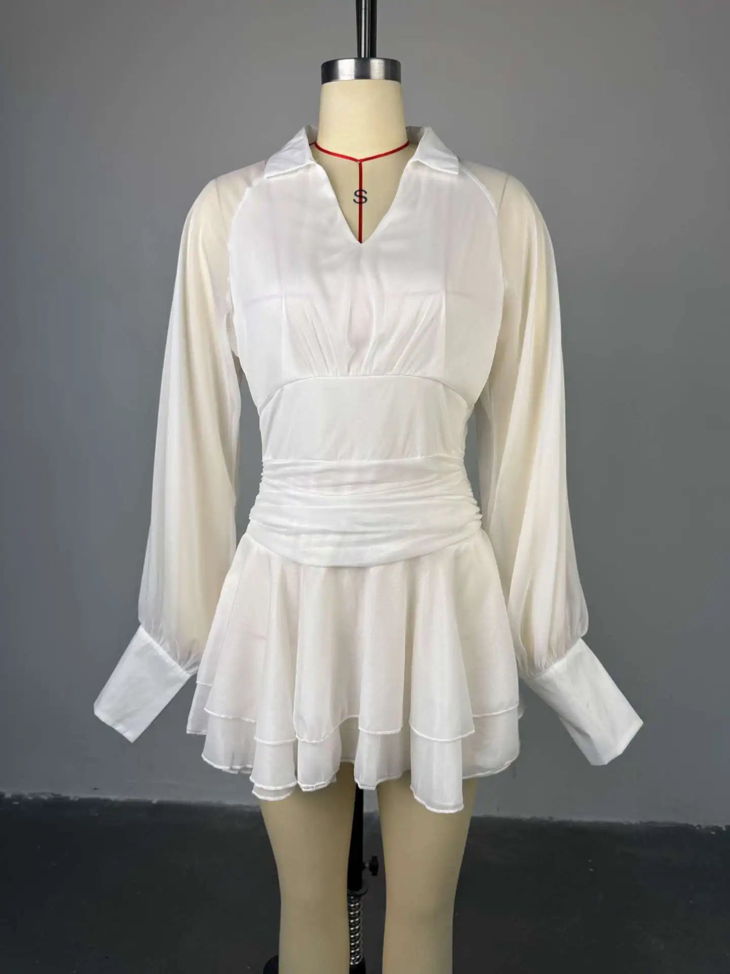Elegant White V Neck Lantern Sleeve High Waist A Line Dress for Women