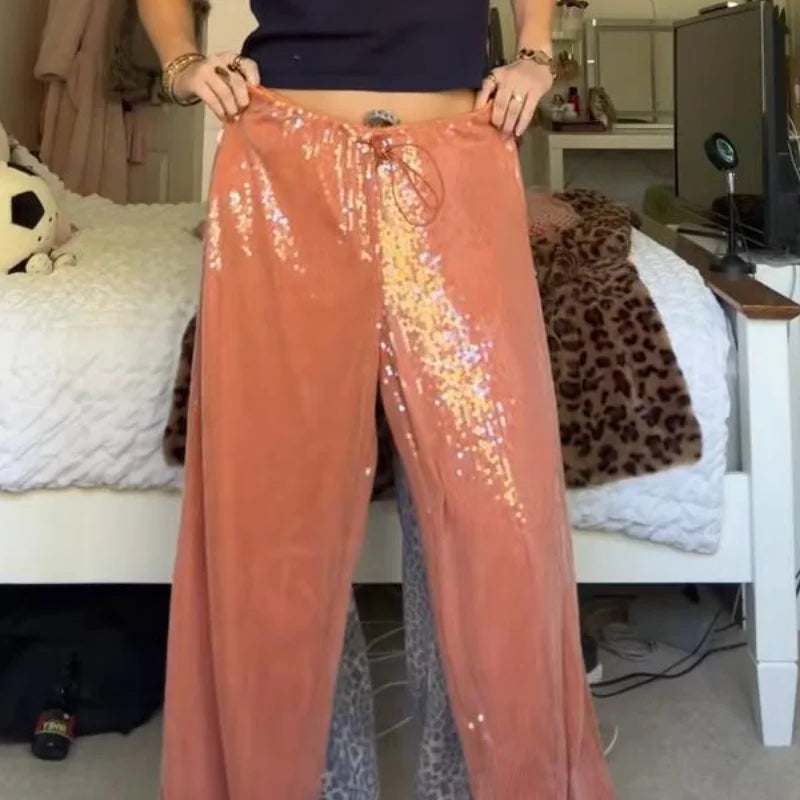 Casual Sequin Pants Women Loose Elastic Waist Wide Legs Trousers Female 2025 Spring Summer Fashion Chic Solid Streetwears Lady