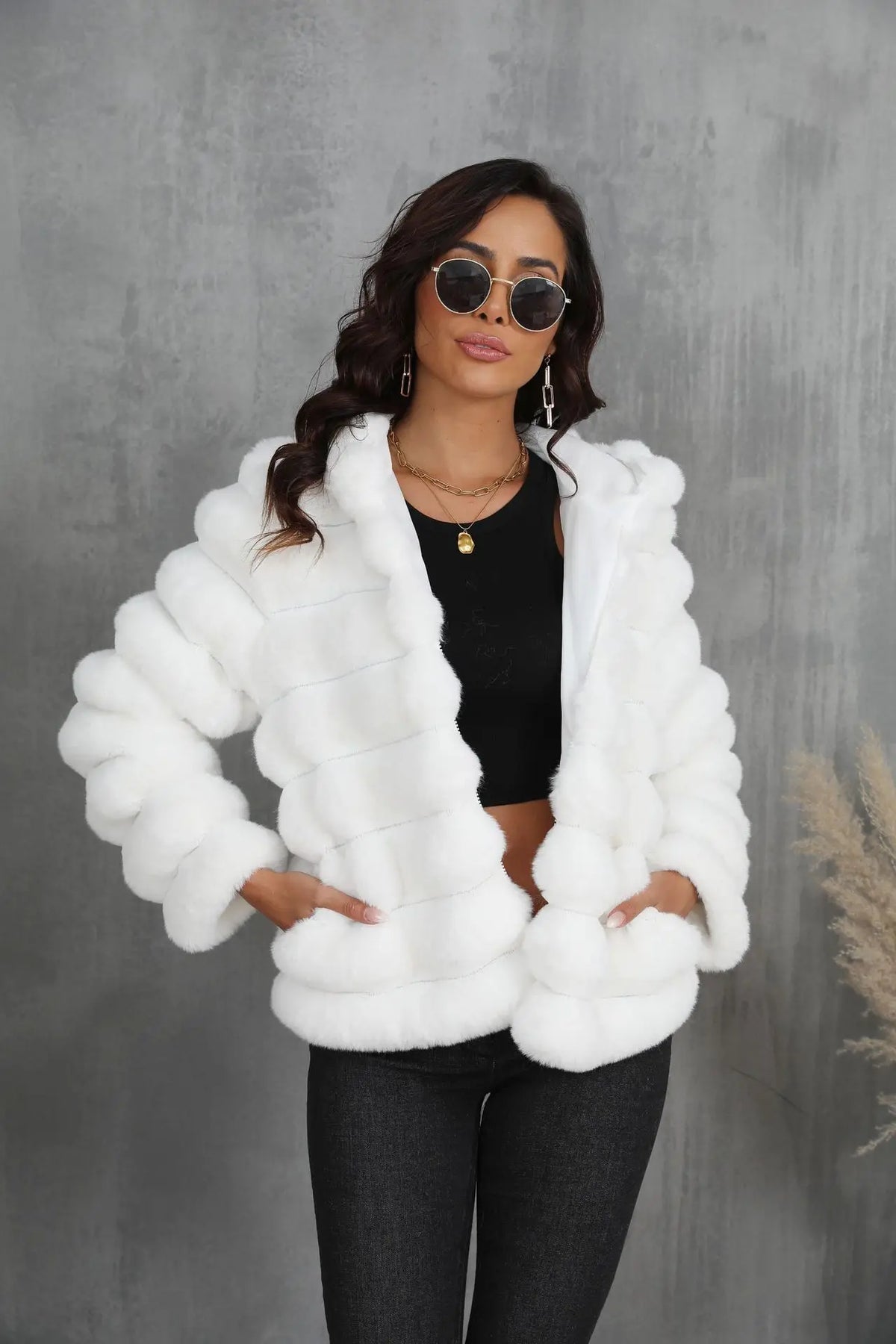 Warm Hooded Short Faux Fur Coat With Turn Down Collar for Women