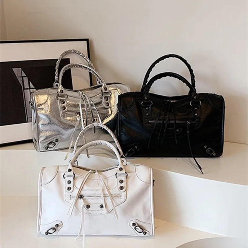 Rivet Embellished Faux Leather Tote Bag