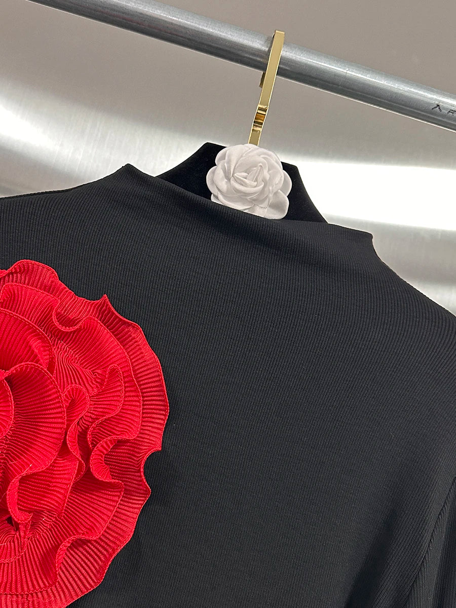 VGH Temperament Spliced Fungus Shirt For Women Turtleneck Petal Sleeve Slimming Chic Elegant Hit Color Blouse Female Spring New
