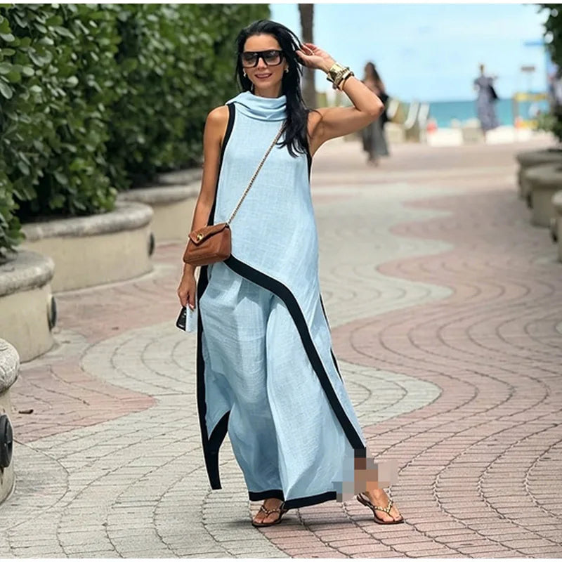 Casual Solid Blouse and Wide Leg Trousers for Women