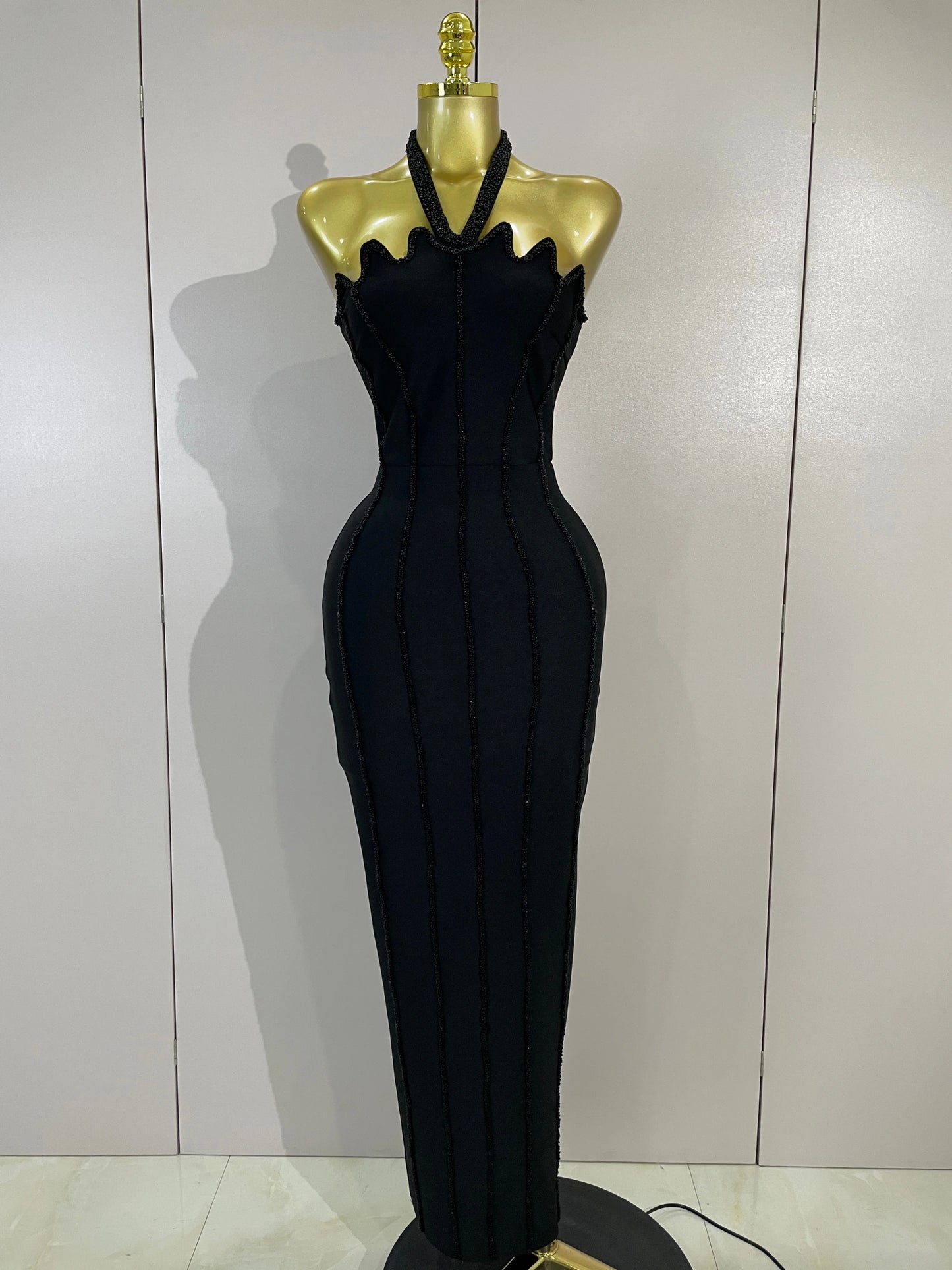 Sexy Beaded Scalloped Halter Black Bodycon Long Bandage Dress Women Elegant Birthday Wedding Guest Celebrate Evening Club Gown