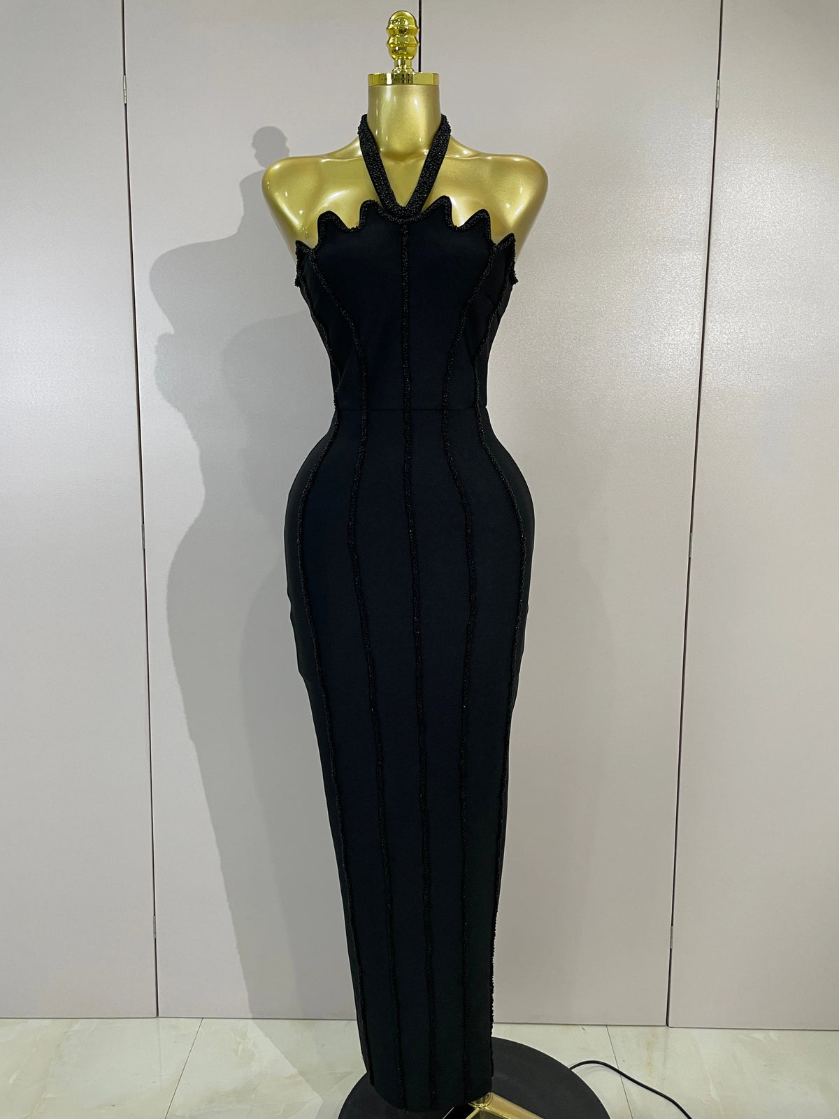 Sexy Beaded Scalloped Halter Black Bodycon Long Bandage Dress Women Elegant Birthday Wedding Guest Celebrate Evening Club Gown