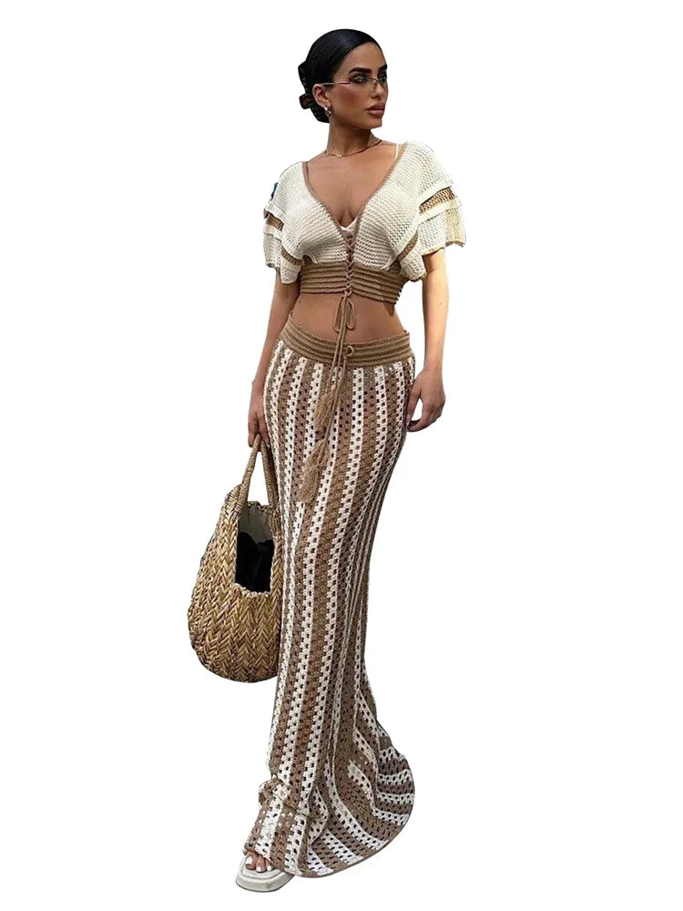 Wmstar Women Two Piece Set Sexy Elegant Knitted Crochet Beach Stripe Crop Tops Long Skirts Matching Set Holiday Birthday Outfits