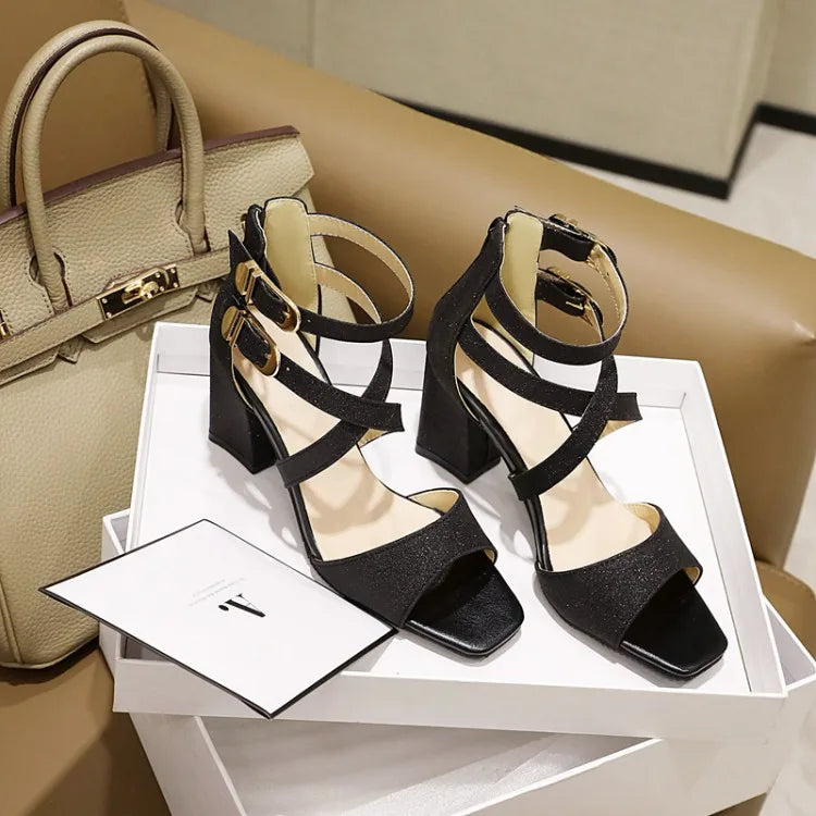 Square Heel Buckle Cross Strap Sandals