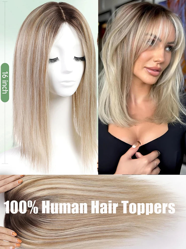 Clip In Light Blonde Dark Root Straight Hair Topper For Women