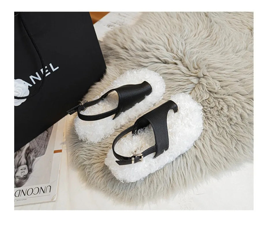 Cozy Plush Buckle Strap Flat Toe Slippers for Women