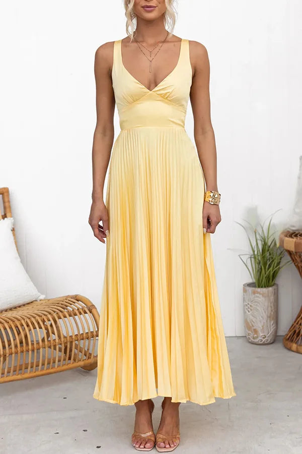 Fashion V-Neck Holiday Long Dress Summer Elegant Strap Loose Solid Sleeveless Party Dress Women High Waist Solid Pleat Dresses