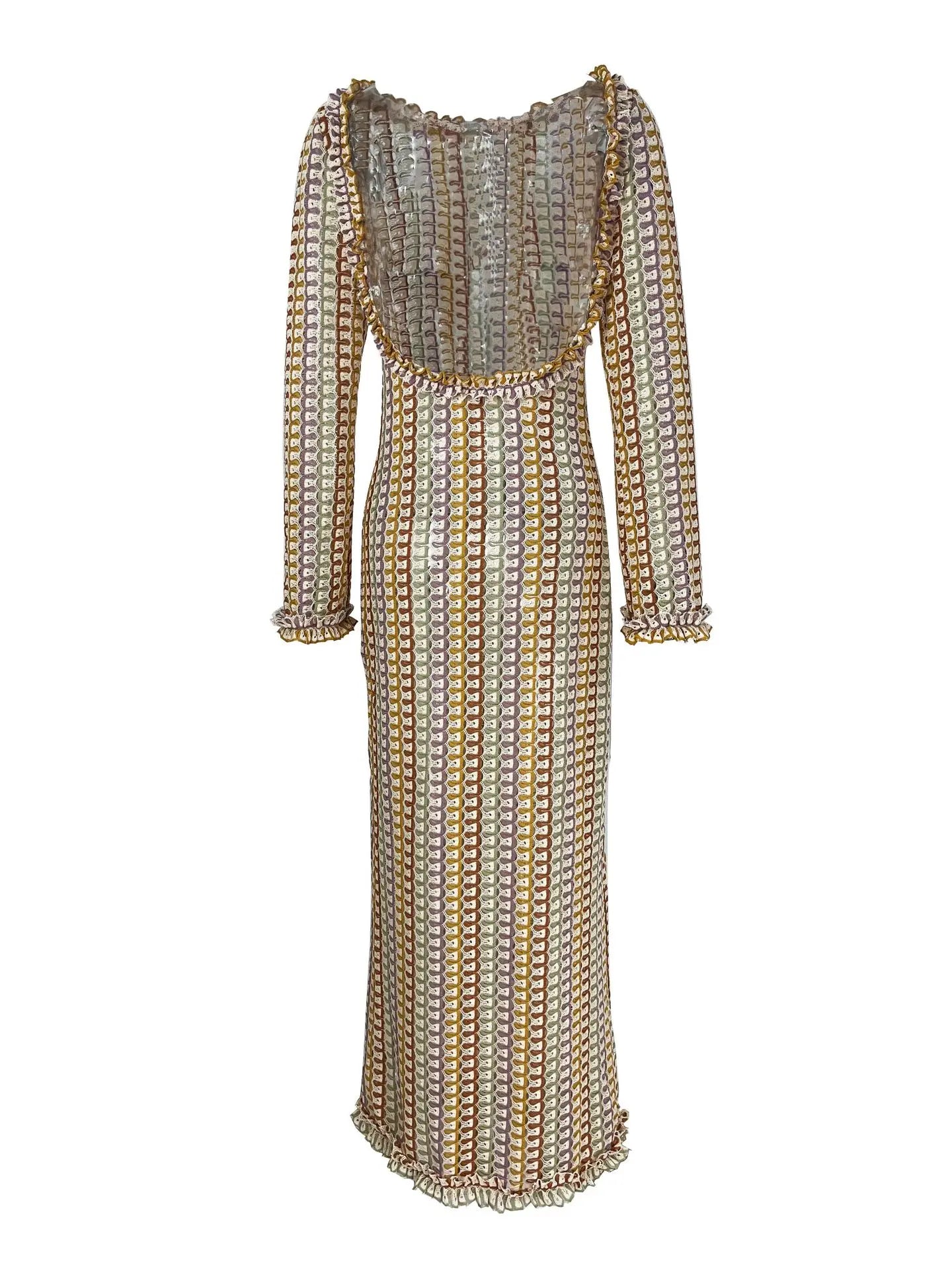 Sexy Backless Flare Sleeve Lace Knit Cut Out Party Beach Maxi Dress 2025 Summer Women Vacation Beachwear Swimsuit Cover Up A2815