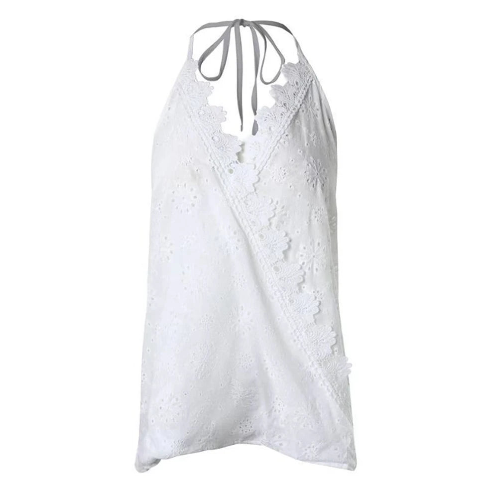Women's Floral Hollow Out Spaghetti Strap Contrast Lace Casual Tank Top Summer Women Fashion Sexy White Halter Cami Tees Shirts