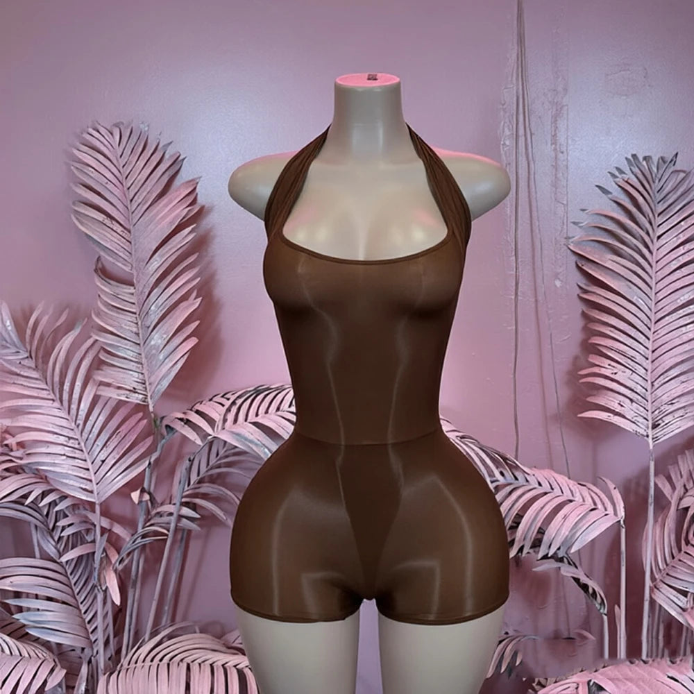 Glossy Stretch Sleeveless One Piece Short Romper for Women